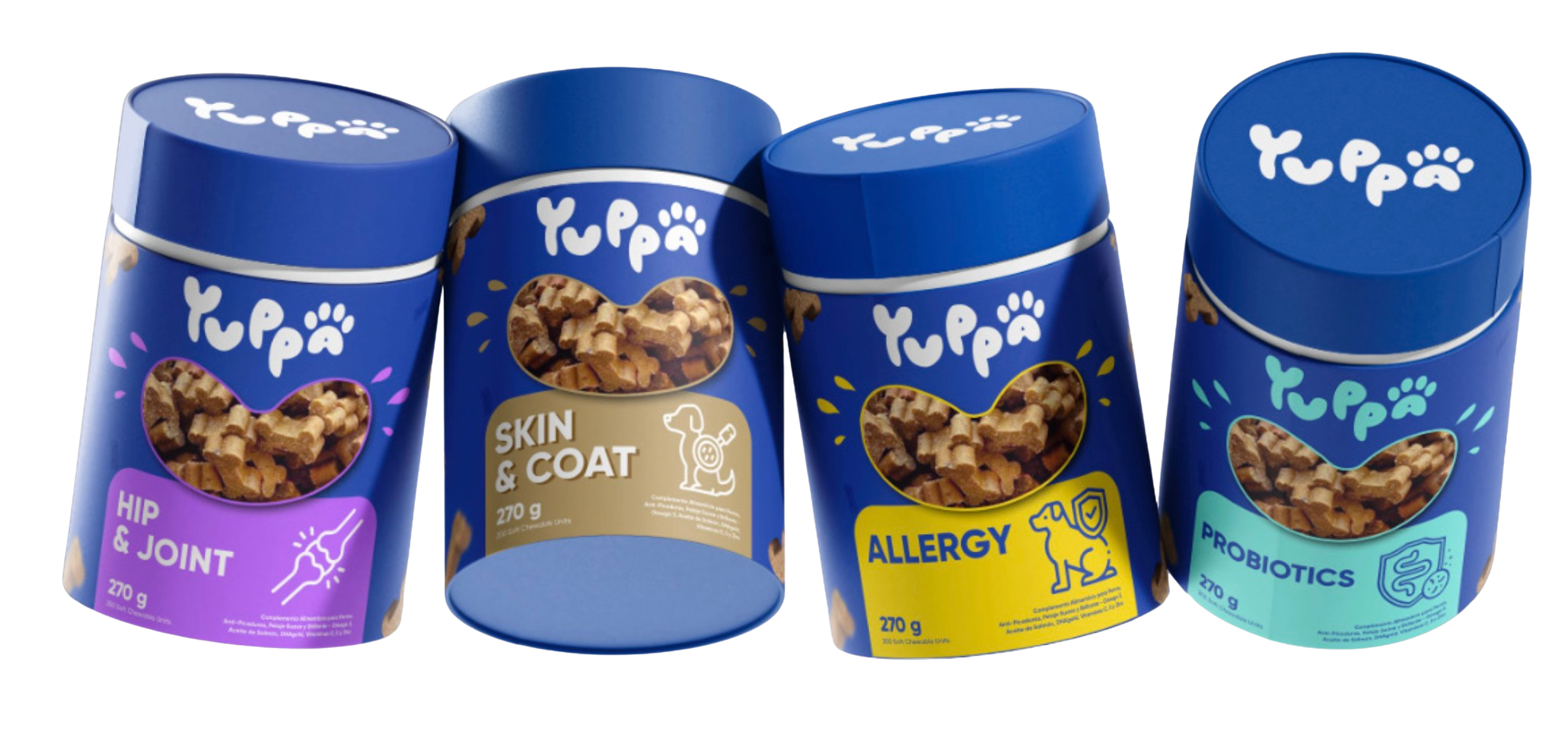 Cuatro botes de complementos masticables Yuppa: Hip & Joint, Skin & Coat, Allergy y Probiotics